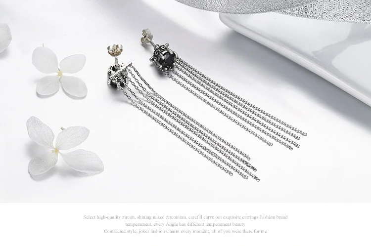 Винтажные Настоящее серебро 925 пробы бесшумные черные корейские серьги с кисточками для женщин, длинные висячие серьги, хорошее ювелирное изделие, пуш-ап