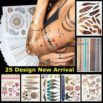 Peacock Feather Design HYS-51 Flash Metallic Temporary Tattoo Stick Paster Waterproof Tattoo Gold Silver Women Fashion Henna