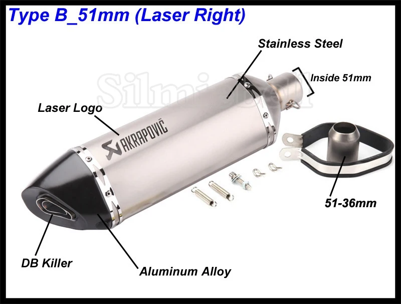 Универсальный мотоцикл выхлопной модифицированный Akrapovic глушитель FZ6 CBR250 CB600 MT07 ATV Dirt Pit Bike выхлопной вход 51 мм 61 мм - Color: B-51mm (Laser Right)