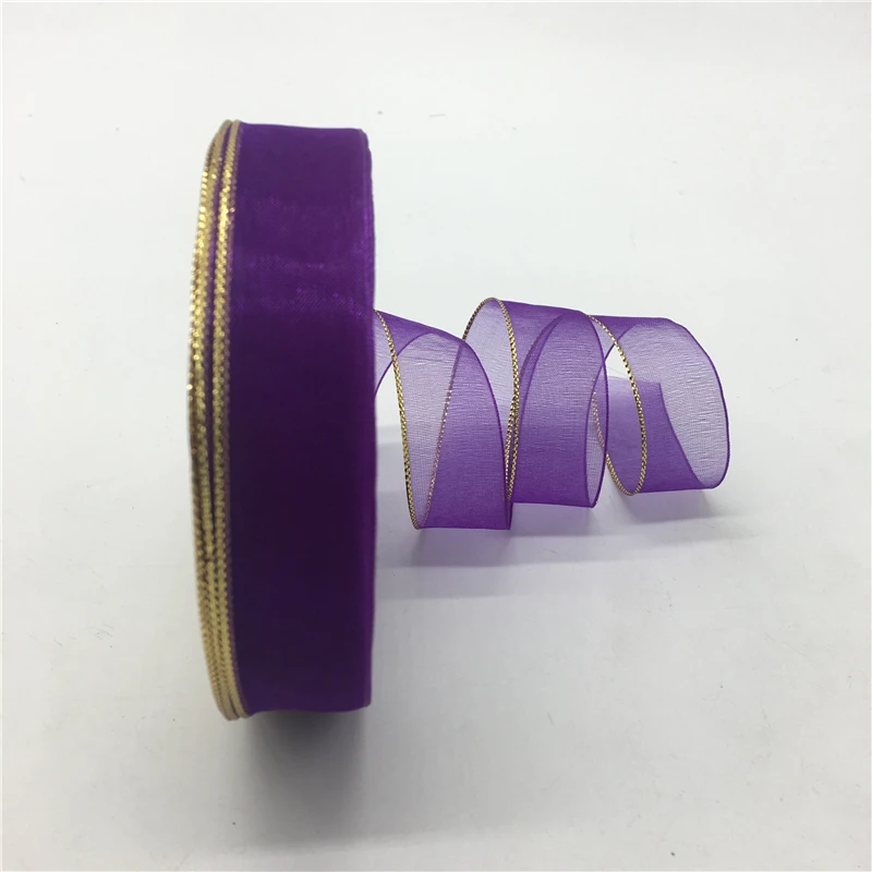

5yards/lot 3/4" 20mm Purple Glitter Golden Rimmed Organza Ribbon Bow Hair Wedding Christmas Decoration DIY Lace Crafts