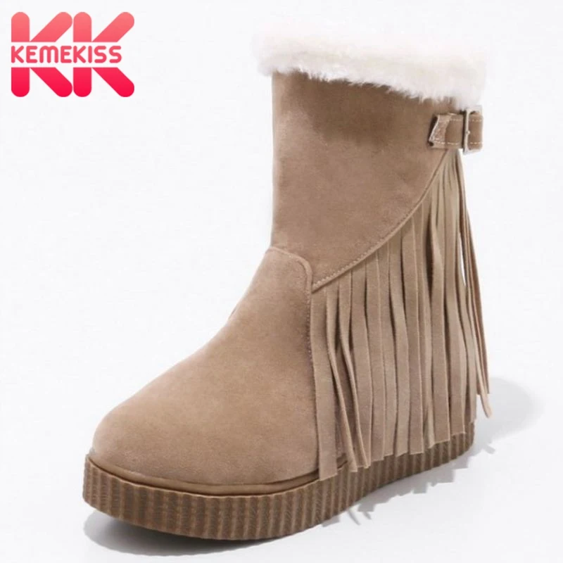 

KemeKiss Women Flats Boots Round Toe Metal Buckle Plush Fur Fringes Women Mid Calf Botas Sweet Korean Women Footwear Size 34-43