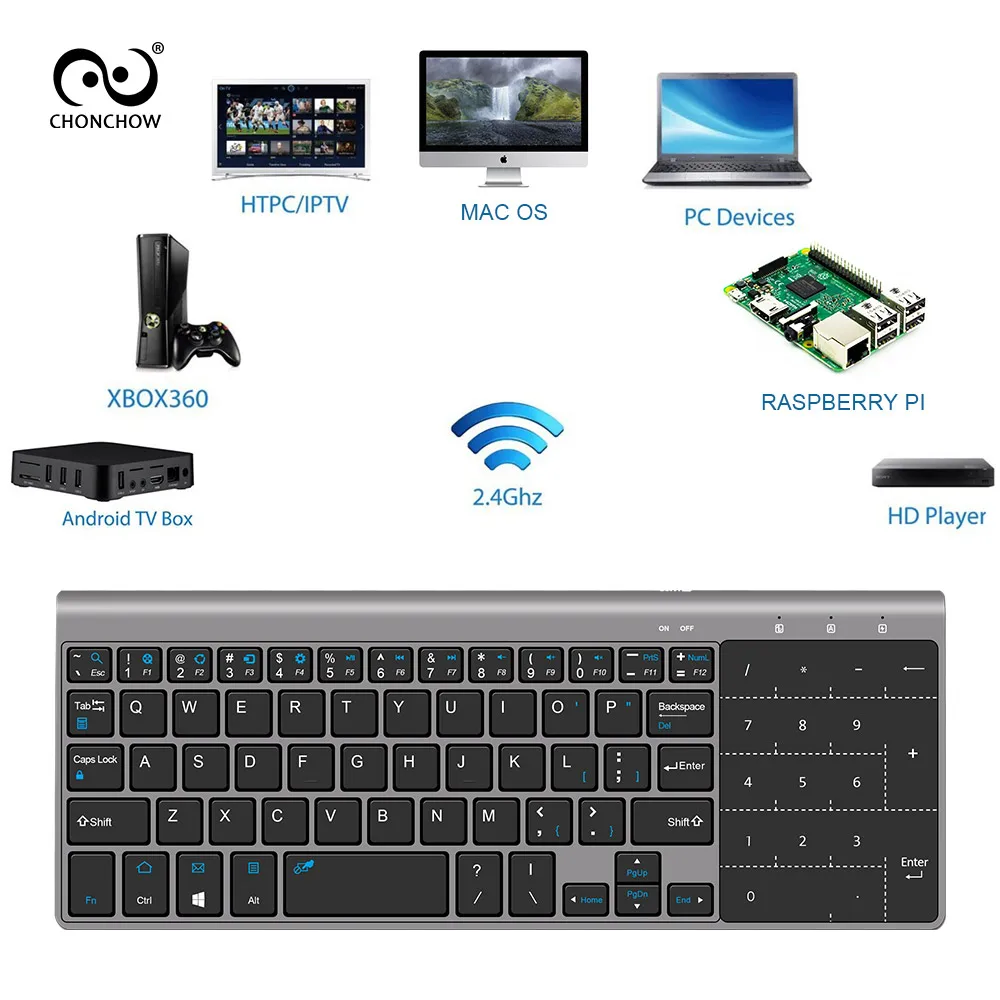 2,4G Беспроводная клавиатура с тачпадом мини-клавиатура USB tv Box для Mac PC Windows 7 10 Vista Android Smart tv русская наклейка