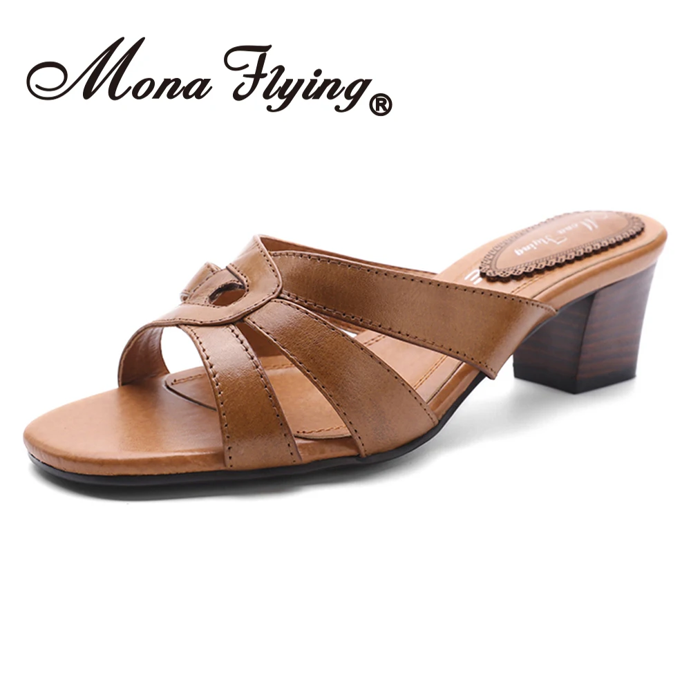 

Mona Flying Women's Genuine Leather Block Heel Sandals Casual High Heel Open Toe Slide Sandals Slippers for Women 319-23