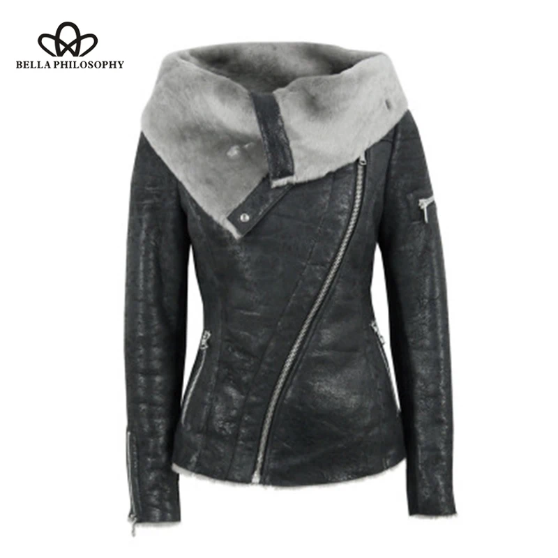 

Bella Philosophy Goth Black PU Leather White Faux Fur Fleece Skinny Jacket Coat Women Winter Vintage Punk Motorcycle Outerwear