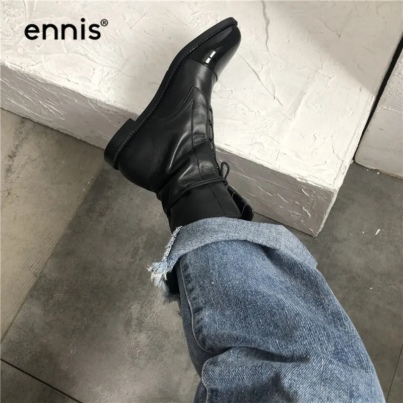 ENNIS/ женские сапоги на плоской подошве осенне-зимние сапоги до середины икры из натуральной кожи на шнуровке обувь с круглым носком женские сапоги В рыцарском стиле новинка A9125