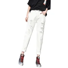Летние Стильные белые рваные джинсы женские с высокой талией джинсовые женские брюки-Капри бойфренд черные повседневные свободные джинсы