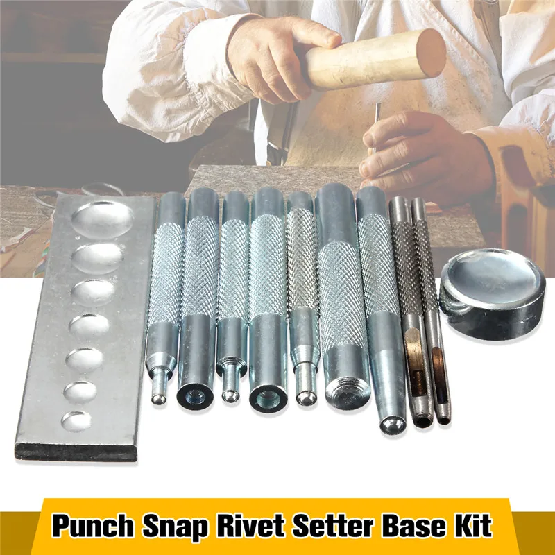 

11Pcs/set Metal Craftool Die Punch Snap Rivet Tool Setter Base Set DIY Leathercraft Kit For punch hole and install Rivet Button
