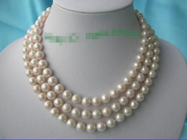 

shipping stunning 3rows 10mm perfect round white freshwater pearls necklace 14K n158