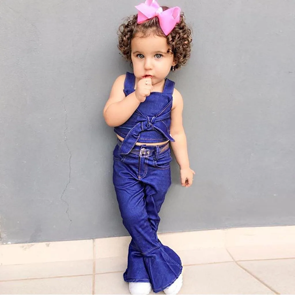

Boutique spring summer clothing set Toddler Kids Baby Girl Bowknot T shirt Tops+Denim Flared Pants Set 2pcs Clothes outfit