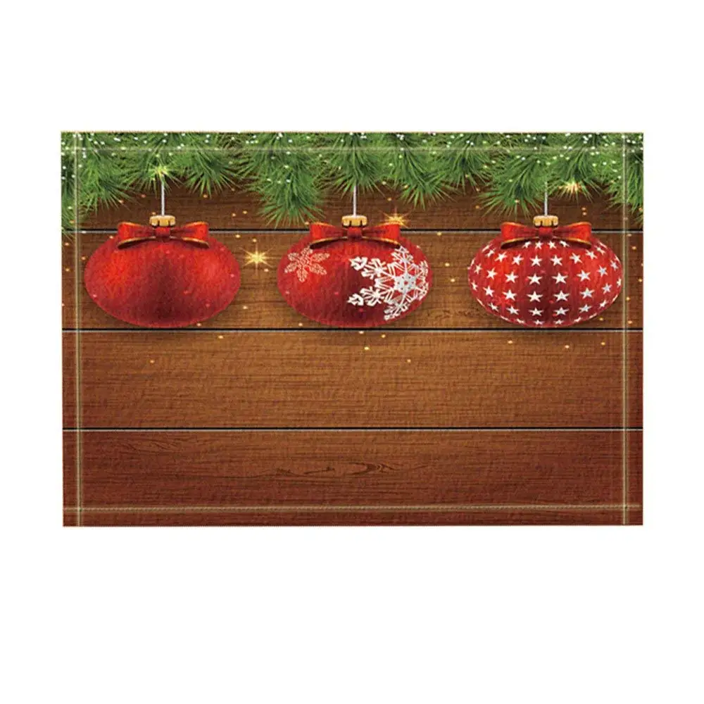 New Year Decor, Christmas Balls and Pine Branches on Wooden Bath Rugs, Non-Slip Funny Indoor Outdoor Doormat