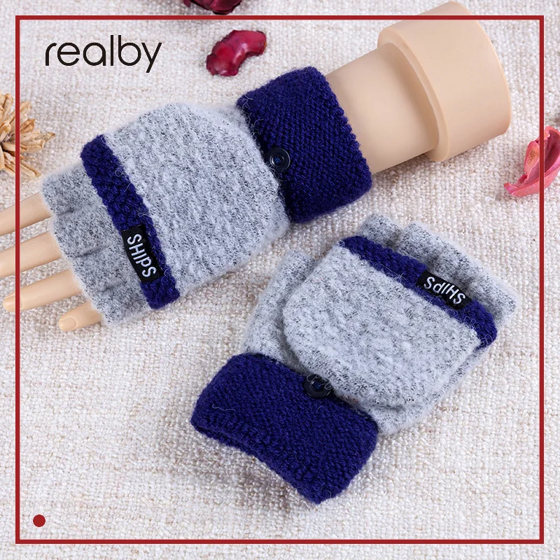 

REALBY Women Gloves Mitten Hand Warmer Winter Fingerless Gloves Gants Femme Knit Gloves Patchwork Female Guantes sin dedos Mujer