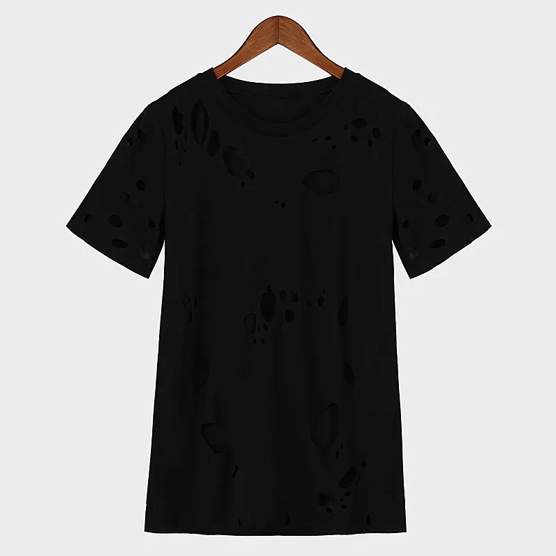 Women’s Short Sleeve Ripped T-Shirt, Black/White, Fashion Holes O Neck Tee Tops by Helisopus image 6
