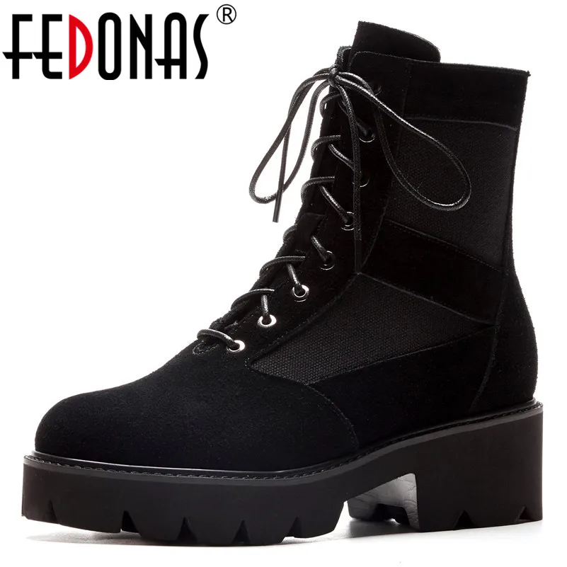 

FEDONAS Fashion Sexy Women Thick High Heels Ankle Boots Cow Suede Corss-tied Autumn Winter Martin Shoes Ladies Motorcycle Boots