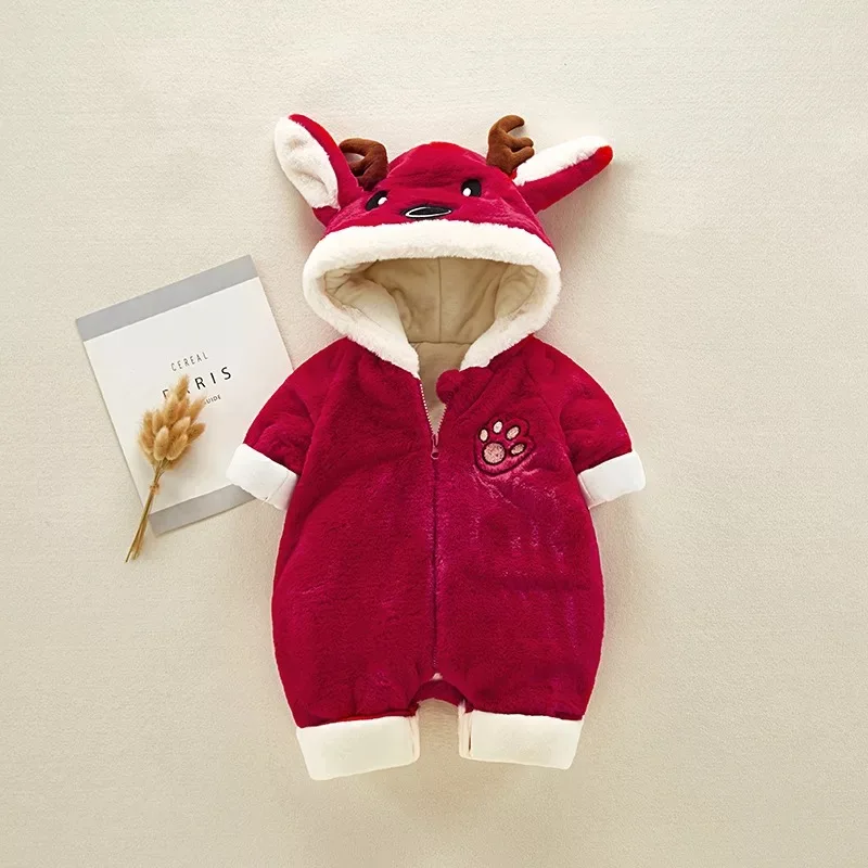 

BNWIGE 2018 Winter Newborn Rompers Baby Girl Boy Jumpsuits Infant Warm Plush Thicken Outdoor Hooded Cartoon New Born Costume