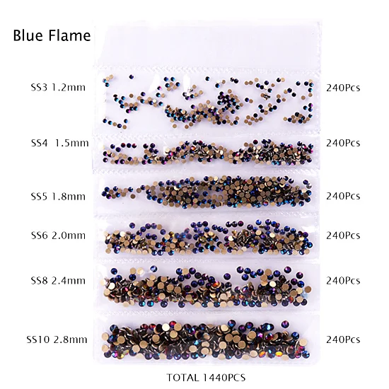 1440 шт Стразы для дизайна ногтей, 6 размеров, ss3-ss10, плоская задняя часть, пламя AB, стекло, алмазный камень, 3D Шарм, сделай сам, украшение для дизайна ногтей TR025 - Цвет: Blue Flame