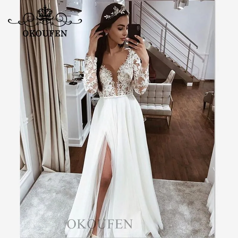 

Romantic Sheer Lace Wedding Dress With Long Sleeves 2019 Side Split Vestido De Noiva Bohemia Beach Dresses For Bridal Women