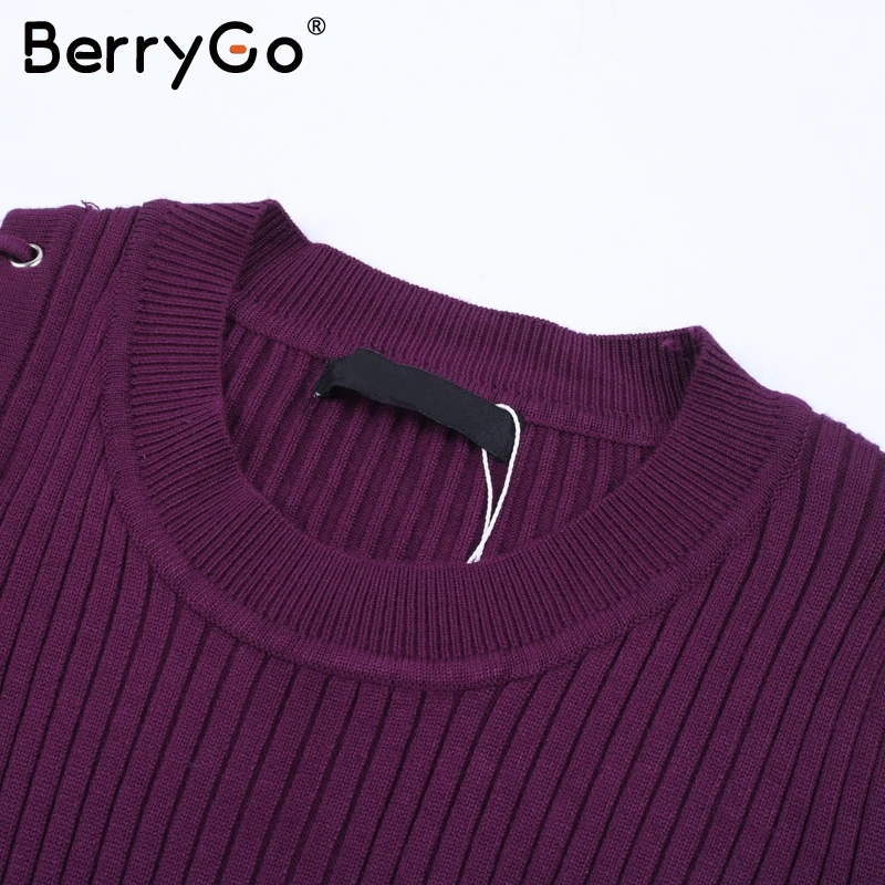 BerryGo Элегантное трикотажное платье-свитер на шнуровке, женское обтягивающее вязаное зимнее платье с разрезом, осенний джемпер, винтажный пуловер