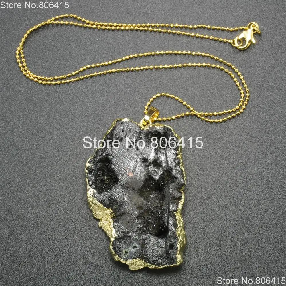 

Natural Black Druzy Quartz Aga-te Geode Gems Stones Nugget Pendant Healing Beads Gold Necklace 17'' Chain 3 Sets/Pack