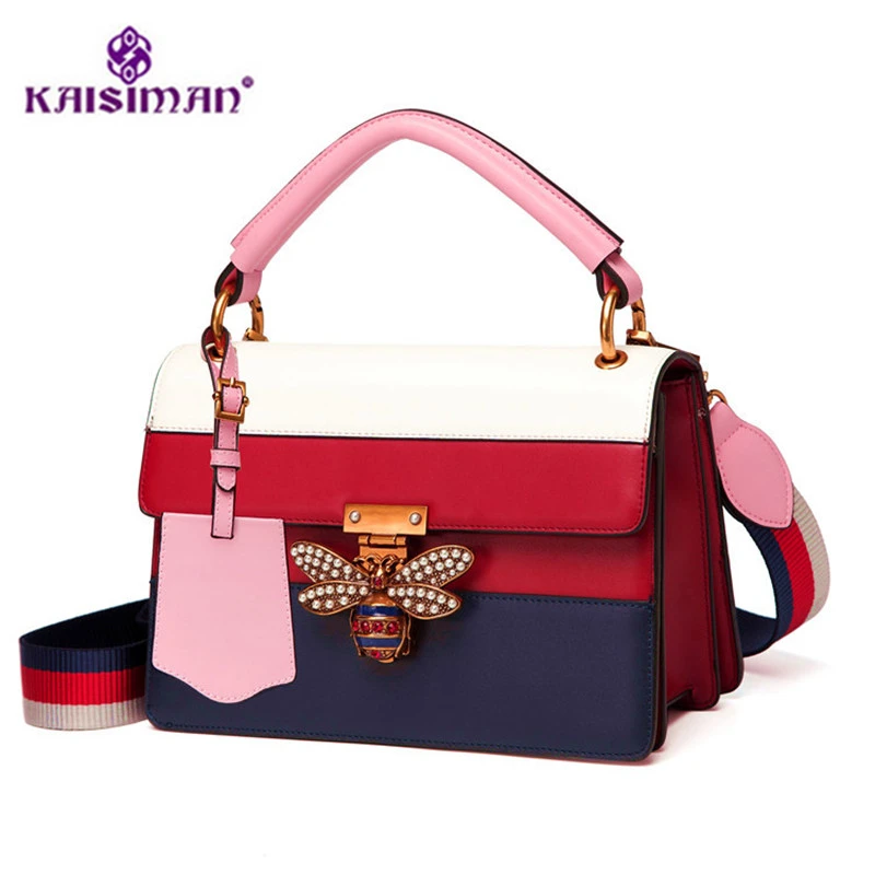 

2018 Luxury Colorful Strap Handbags Women Bags Designer Diamonds Bee Design Totes Genuine Leather Cross Body Bags Queen Margaret