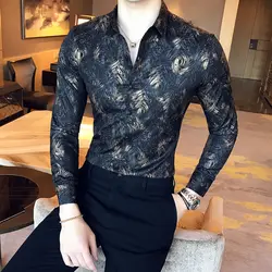 2019 Высокое качество Мужские цветочные рубашки с острым воротником рубашка мужская с длинным рукавом печатная рубашка мужская черная