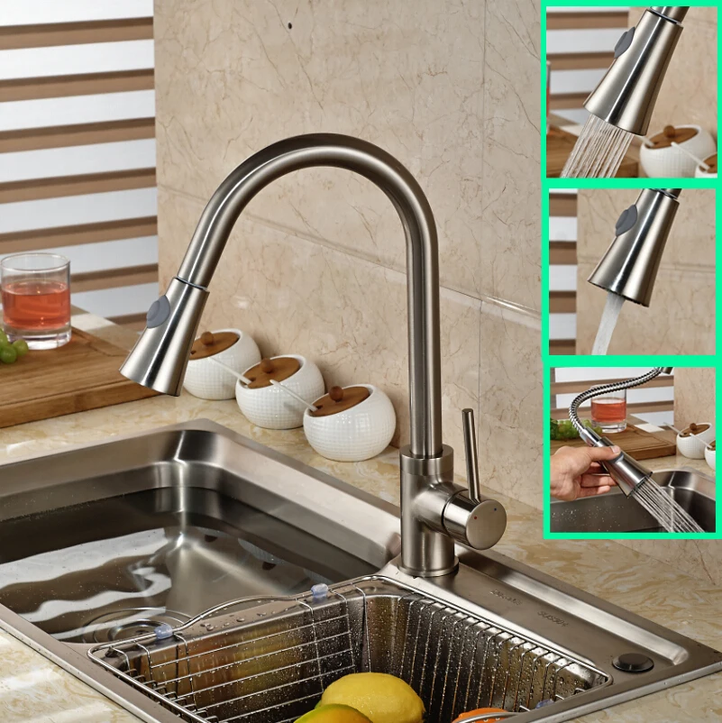 

Stainless Steel Kitchen Sink Faucet Single Handle Swivel Spout Pull Out Mixer Tap Nickel Brushed