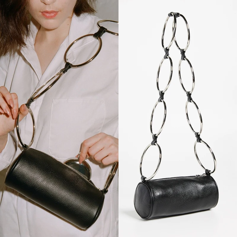 

Designer Bag Small Group 2019 Spring and Summer New Personality Custom Cylinder Bag Metal Ring Bag Female Bag