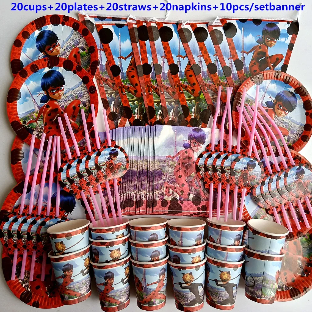 

81pcs 20 person happy birthday kids Ladybug redI baby shower party decoration set banner table cloth straws cup plates supplier