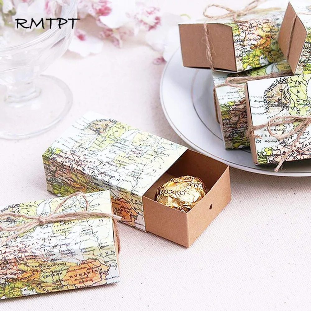 

RMTPT 50pcs/Lot World Map Drawers Design Candy Gift Boxes Baby shower Birthday party Craft Paper Case for Wedding Favors