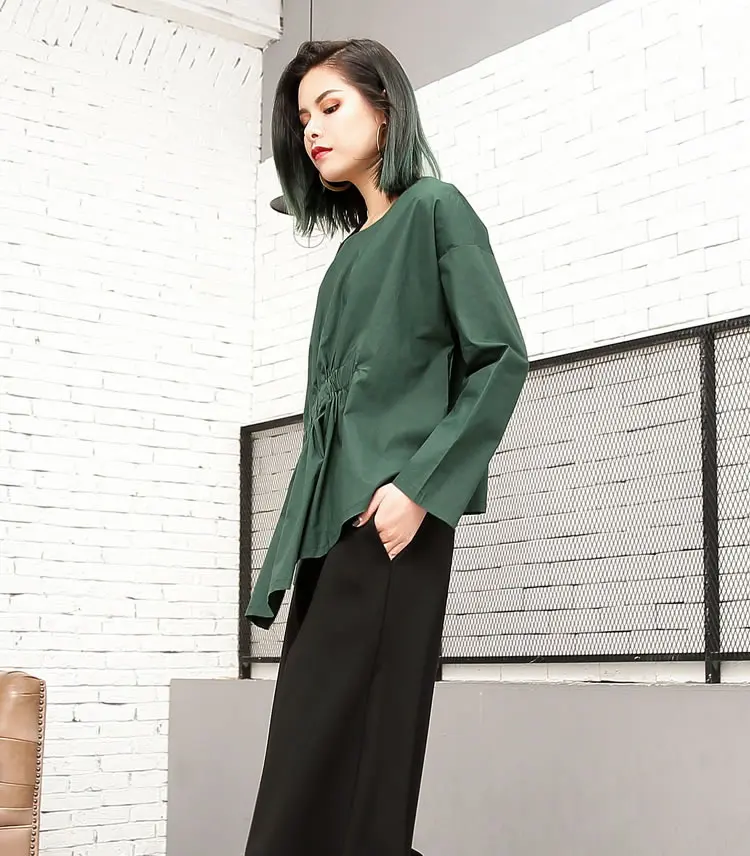 [XITAO] корейская мода, новинка, Женская весенне-летняя блуза с круглым вырезом и длинным рукавом, однотонная, несимметричная, плиссированная, повседневная, свободная блузка ZLL3156