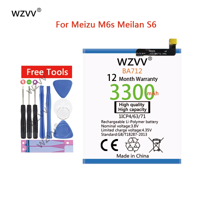 

wzvv 3300mAh Li-Polymer Battery BA712 for Meizu M6s Meilan S6 Mblu S6 M712Q/M/C M712H High Quality Replacement Batteries