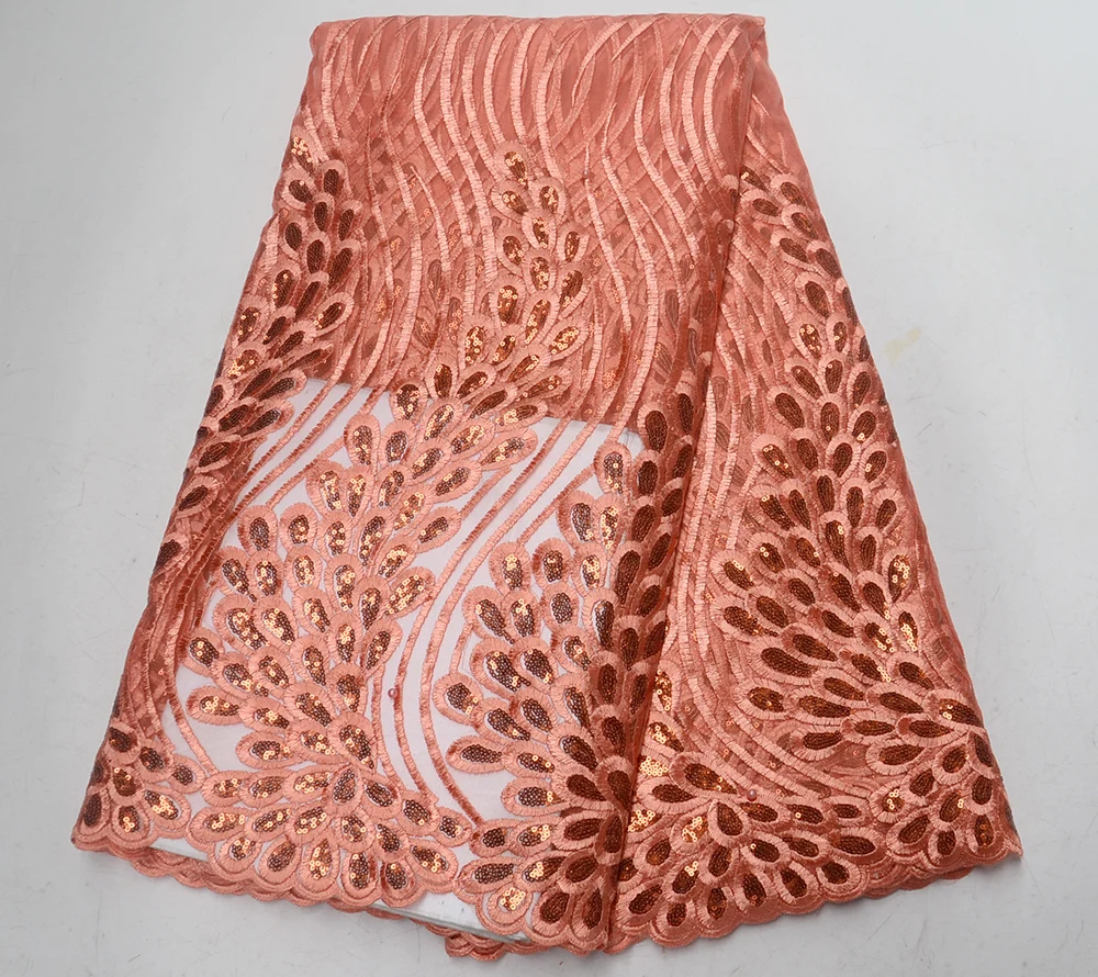 

2019 Latest Peach French African Net Lace Fabric With Sequines High Quality African Embroidered Tulle Lace Fabric For Wedding