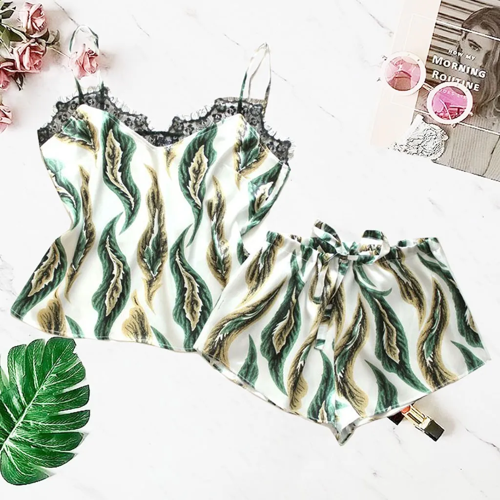 Women's Sleepwear Sexy Satin Pajama Set Satin Silk Bowknot Printing Camisole Shorts Set Sleepwear Pajamas Lingerie Top and Short Women's Sleepwear Sexy Satin Pajama Set Satin Silk Bowknot Printing Camisole Shorts Set Sleepwear Pajamas Lingerie Top and Short