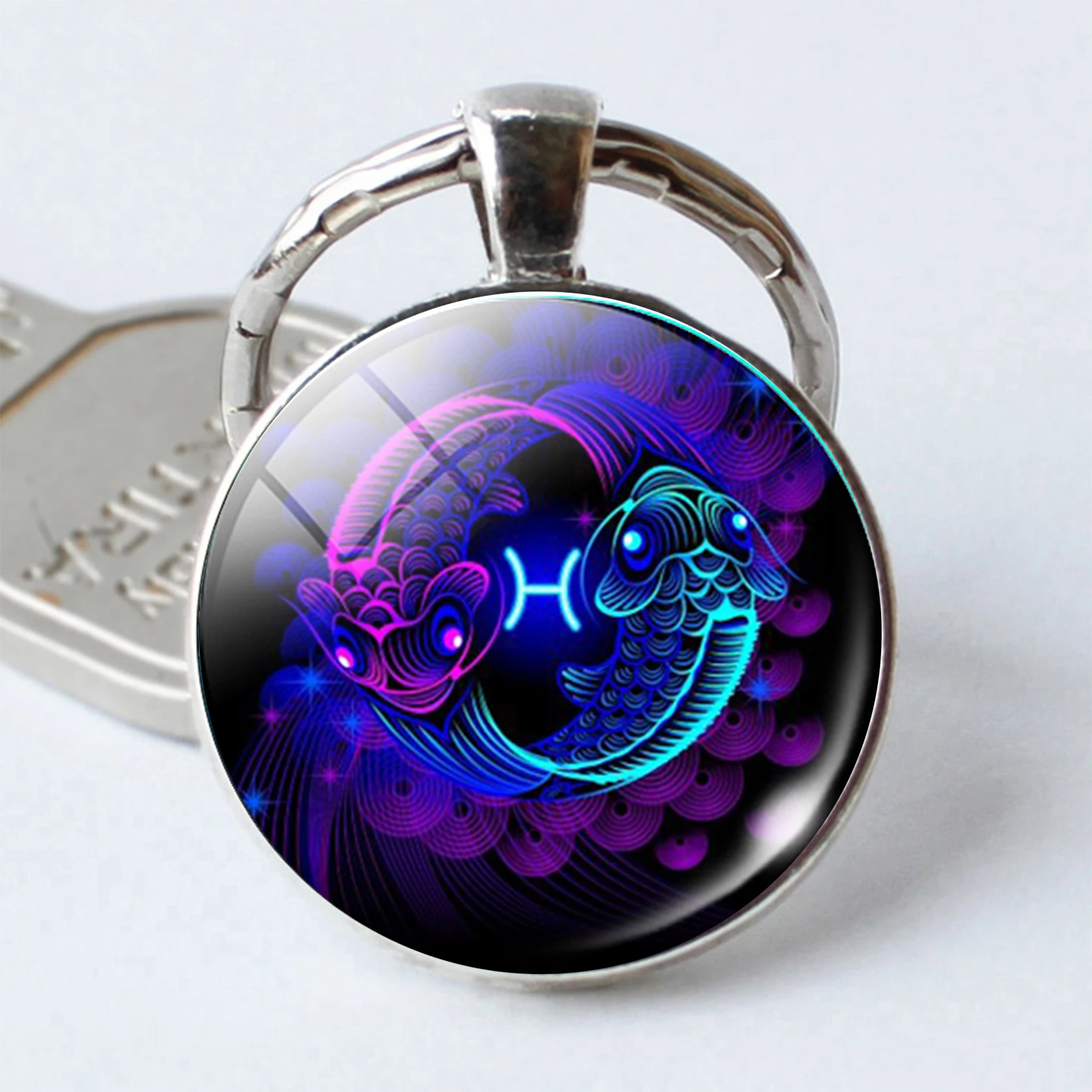 Pisces KeyChains Round Glass Dome Cabochon Keyrings Car Key Holder