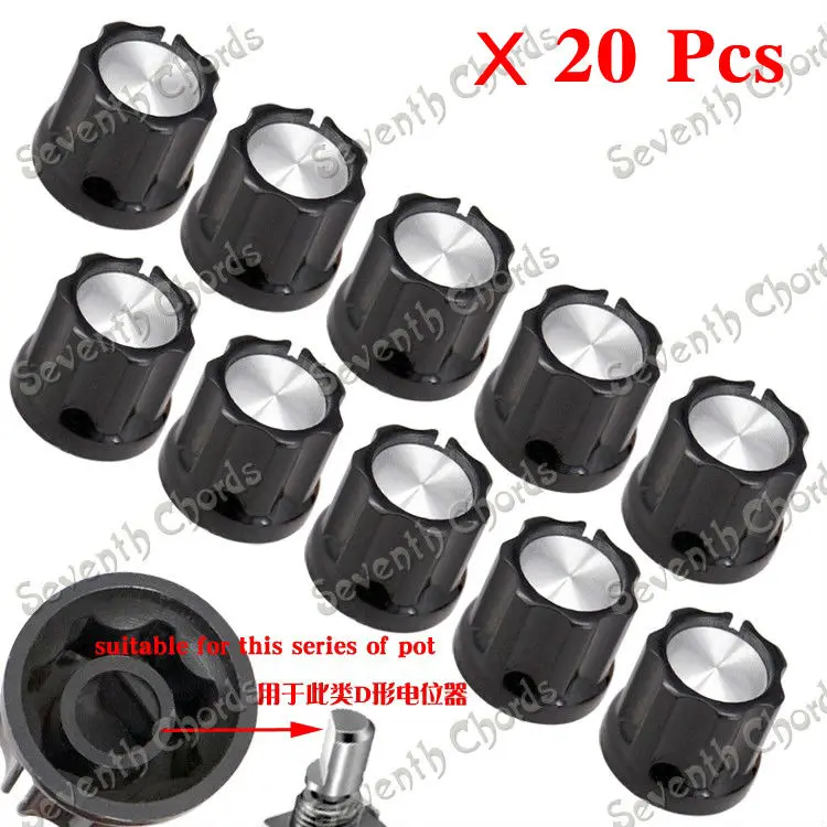 

20 Pcs D Shaft Speed Control Knobs Buttons for Bass Guitar Amp Replacement parts / Black With Silver Top
