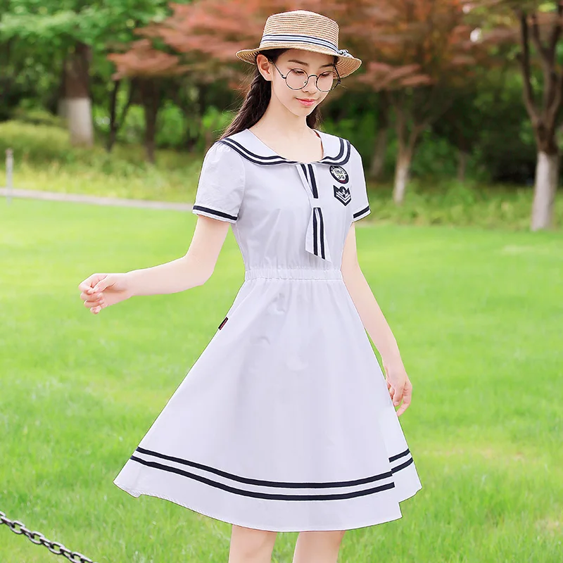

Preppy Style Dress Sailor Suit 2019 Student Summer New Korean Girl College Elegant Sweet Short Sleeve Collar Dress