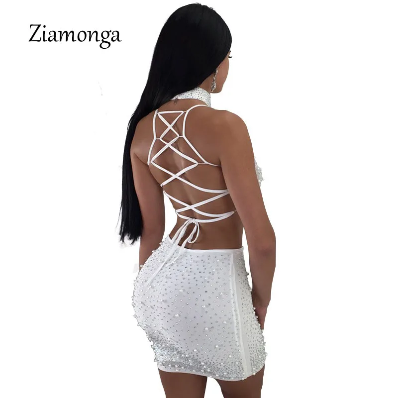 Ziamonga, прозрачный сетчатый комплект из 3 предметов с жемчугом, женская сексуальная одежда для ночного клуба, колье+ ремень-спагетти, на шнуровке, с открытой спиной, укороченный топ+ юбка