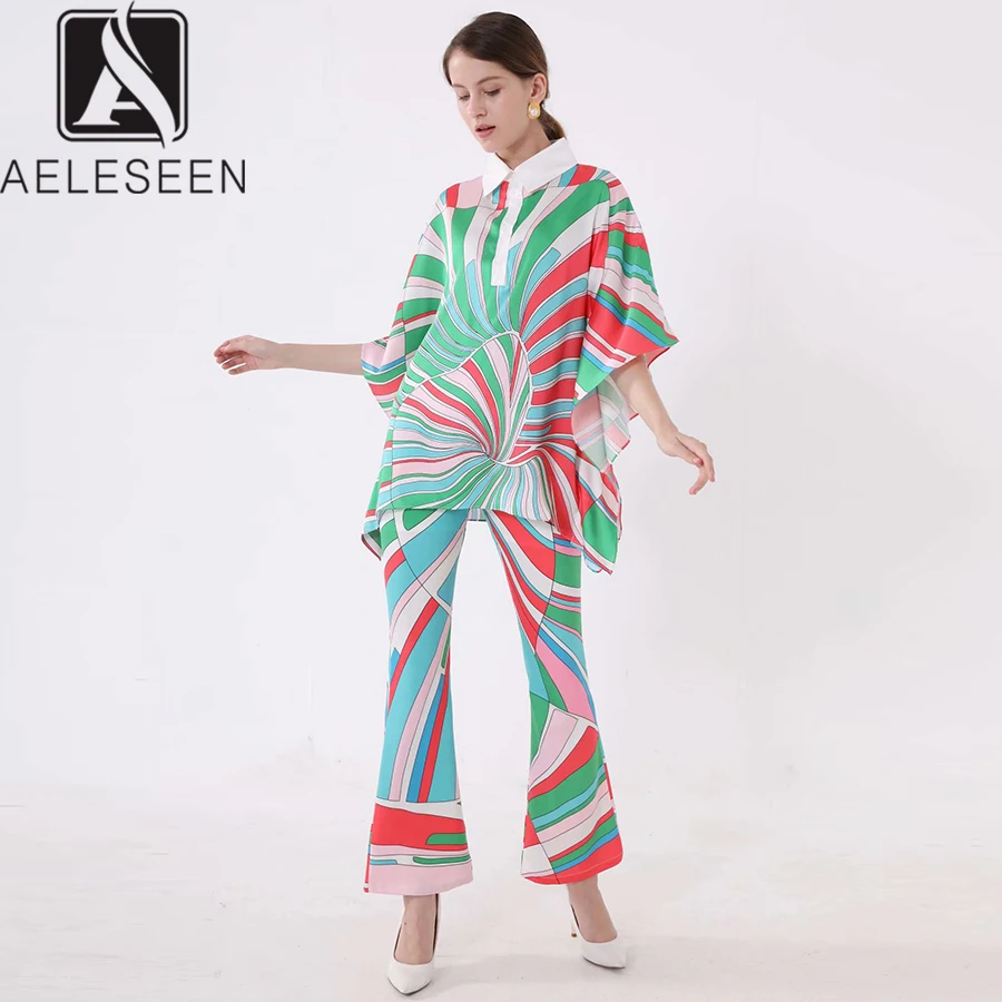 

AELESEEN Woment Set's 2019 Summer Fashion Batwing Sleeve Geometric Print Tops + Ankle-length Flared Trousers Suits Women Twinset