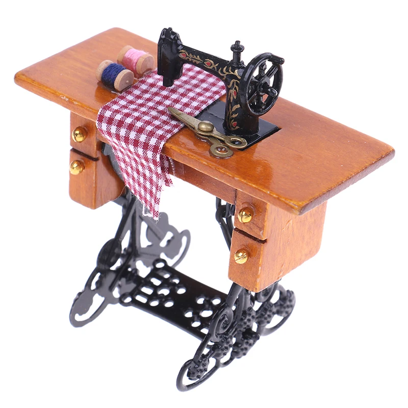 Новое поступление винтажная миниатюрная швейная машина с аксессуарами для одежды(ножницы, нитки) для 1/12 масштабного украшения кукольного домика