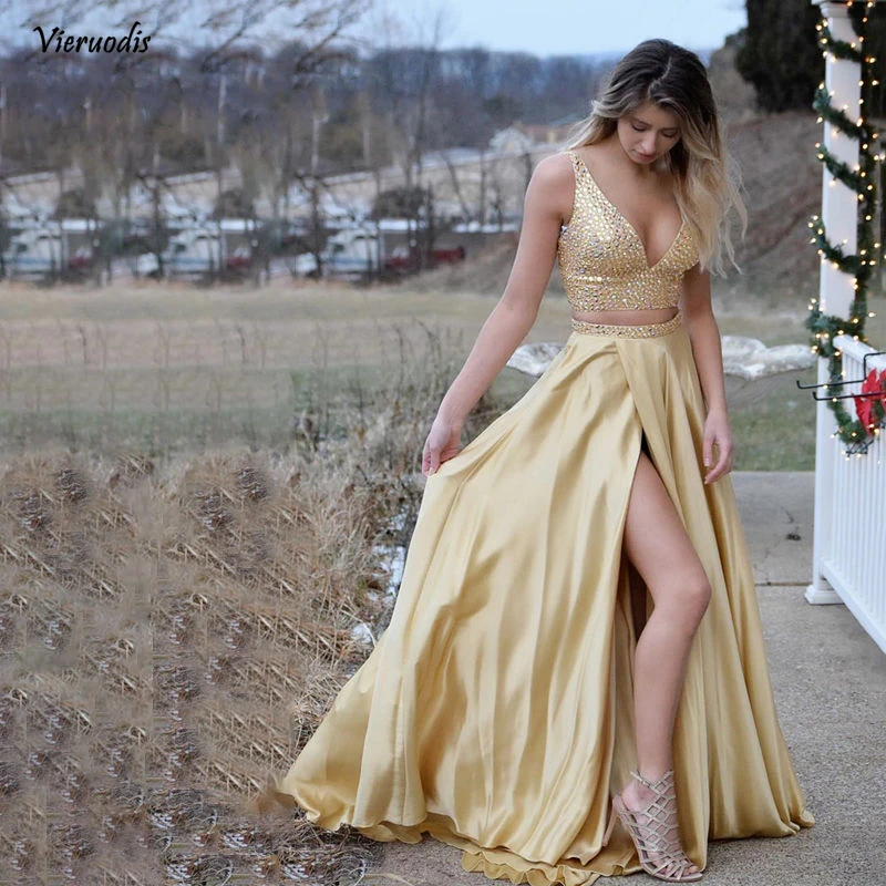 76-1             Vestido De Fiesta V Neck Two Pieces Long Evening dress Open Back Sleeveless Gold Satin Beading Evening Formal Party Dress