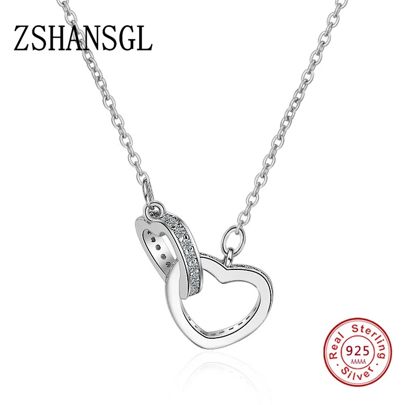 

925 Sterling Silver Double Heart Circle CZ Zirconia Pendants Necklaces for Women Gift Kolye Choker Chain Collares Long Necklace