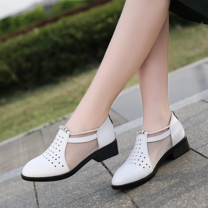 

Genuine Leather White Shoes Women Leisure Hollow Round Head Low Heel Black Flats Shoes