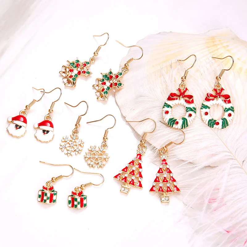 

6 Pairs/Set Xmas Christmas Elk Santa Claus Snowman Lovely Tree Cute Dangle Earrings Women Jewelry Elegant Party Drop Earring
