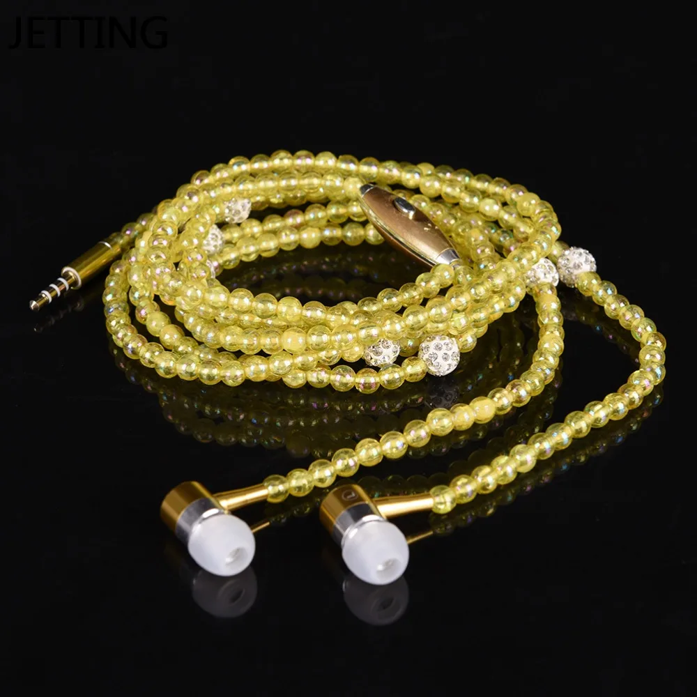 New Pink rhinestone Jewelry Pearl Necklace Earphones With Microphone Earbuds for iphone Xiaomi Brithday Gift