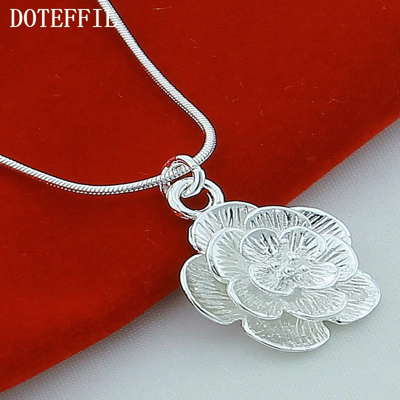 DOTEFFIL 925 Sterling Silver Rose Flower Pendant Necklace 18/20-24/26/30 Inch Snake Chain For Women Wedding Engagement Jewelry