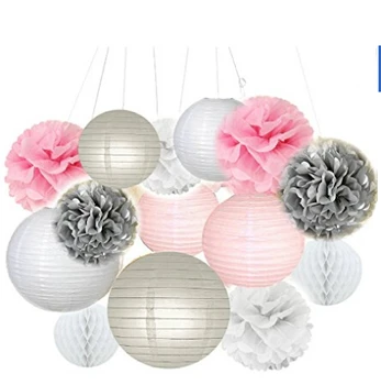 

Pack of 14 White Pink Gray Paper Crafts Tissue Paper Honeycomb Balls Lanterns Paper Pom Poms Birthday Wedding Party Decoration