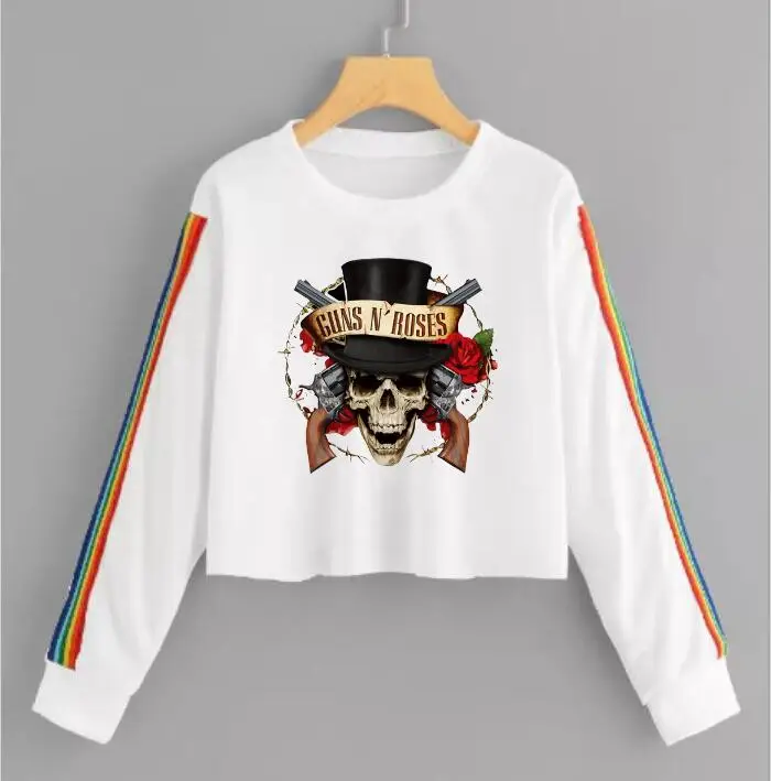 

New fashion women's Guns N Roses T-shirt rock band hip hop round neck long sleeve short women's rainbow striped T-shirt