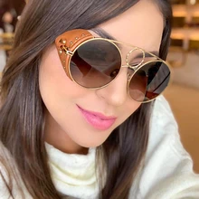 PAWXFB Luxury Leather Frame Punk Sunglasses Women Retro Style Round Sunglasses UV400 Gradient Lens Ladies Shade PAWXFB Luxury Leather Frame Punk Sunglasses Women Retro Style Round Sunglasses UV400 Gradient Lens Ladies Shade