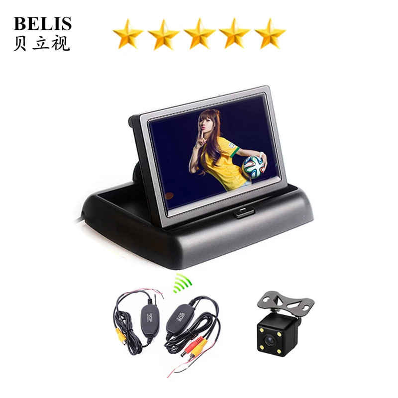 

DC 12V Folding Foldable Car Monitor With Rear View Camera + Wireless Kit 3 in 1 Wireless Parking Camera Monitor Video System