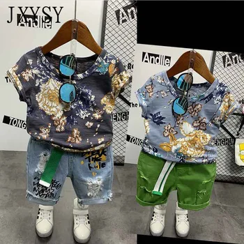 

JXYSY Boys summer clothes set kids clothes floral printed t shirt+denim ripped shorts set children clothing toddler outfits