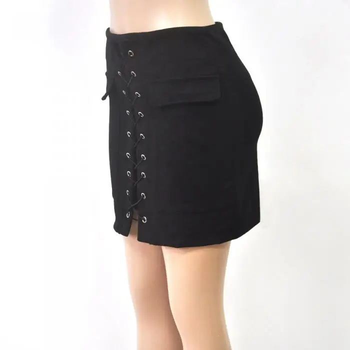 Women High Waist External Pocket Tight Suede Skirt Lace Up Autumn Winter Thick MiniPencil Skirts LF88